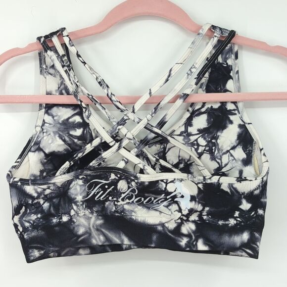 Fit Booty Tie Die Black White Sports Bra Criss-Cross Straps Medium - Picture 2 of 4